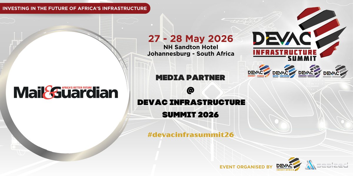 mailandguardian's tweet photo. Sponsored: The Mail & Guardian is a proud media partner for the DEVAC Infrastructure Summit 2026. Join leaders, innovators, and decision-makers at the summit as Africa’s infrastructure future takes centre stage. From energy and transport to water and economic development — this summit is where projects turn into progress.

📍 NH Sandton Hotel, Johannesburg
📅 27–28 May 2026

Learn more here: https://t.co/FUJHzsJonB 

#DEVACInfrastructureSummit #DEVACINFRASUMMIT26 @DevacInvest