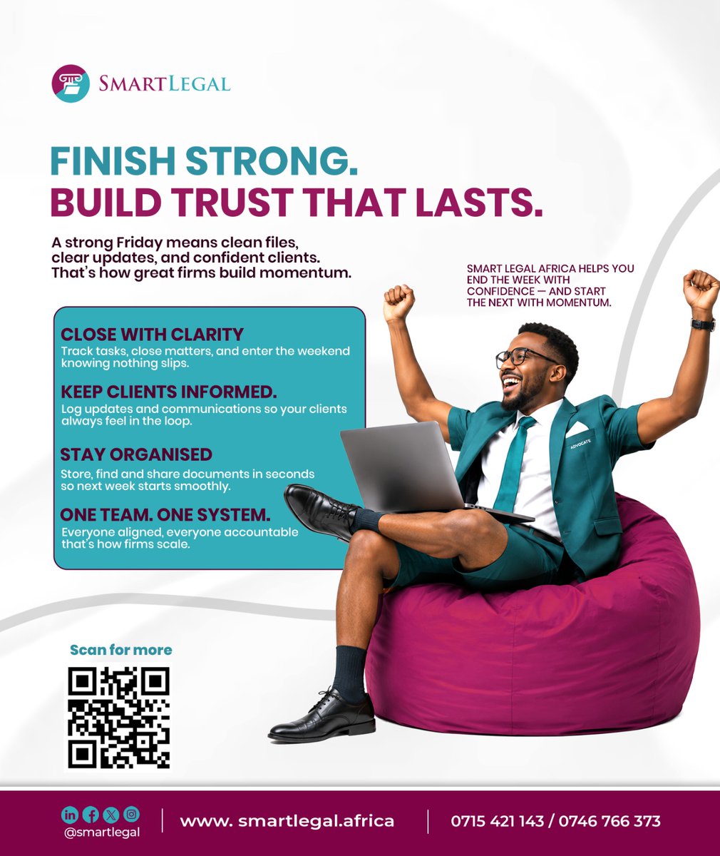 SmartLegalAfrca's tweet photo. It is Friday. Is your firm finishing clean or finishing chaotic? ⚖️

Smart legal Affrica  gives you the system to end every week with confidence!

Book a demo! 📩 https://t.co/QeICSpJlx3 

#SmartLegal #FinishStrong https://t.co/0tX5Uooc0N