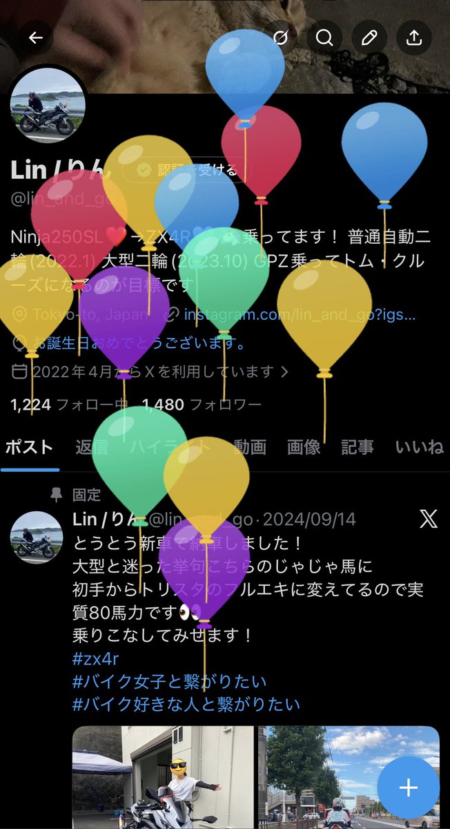 誕生日なので更新です 名前：りん 性別：🚺 住み：東京 愛車：Kawasaki