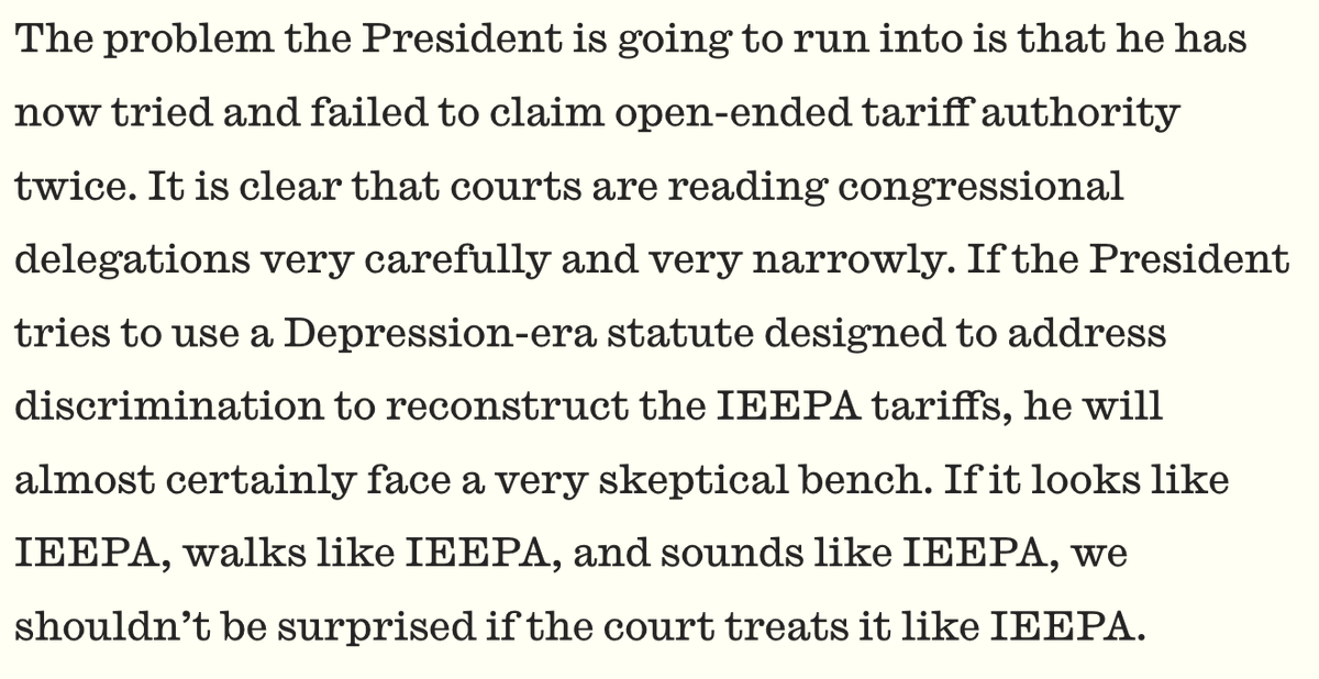 Dave_Hebert's tweet photo. The whack-a-mole tariffs continue.  The likely next step? Section 338, a Depression-era statute. But this, too, has problems not the least of which being a skeptical court.

My latest with @aier in @thedailyeconomy:

https://t.co/ziDkK3QqUJ https://t.co/Z6jJTghFqD