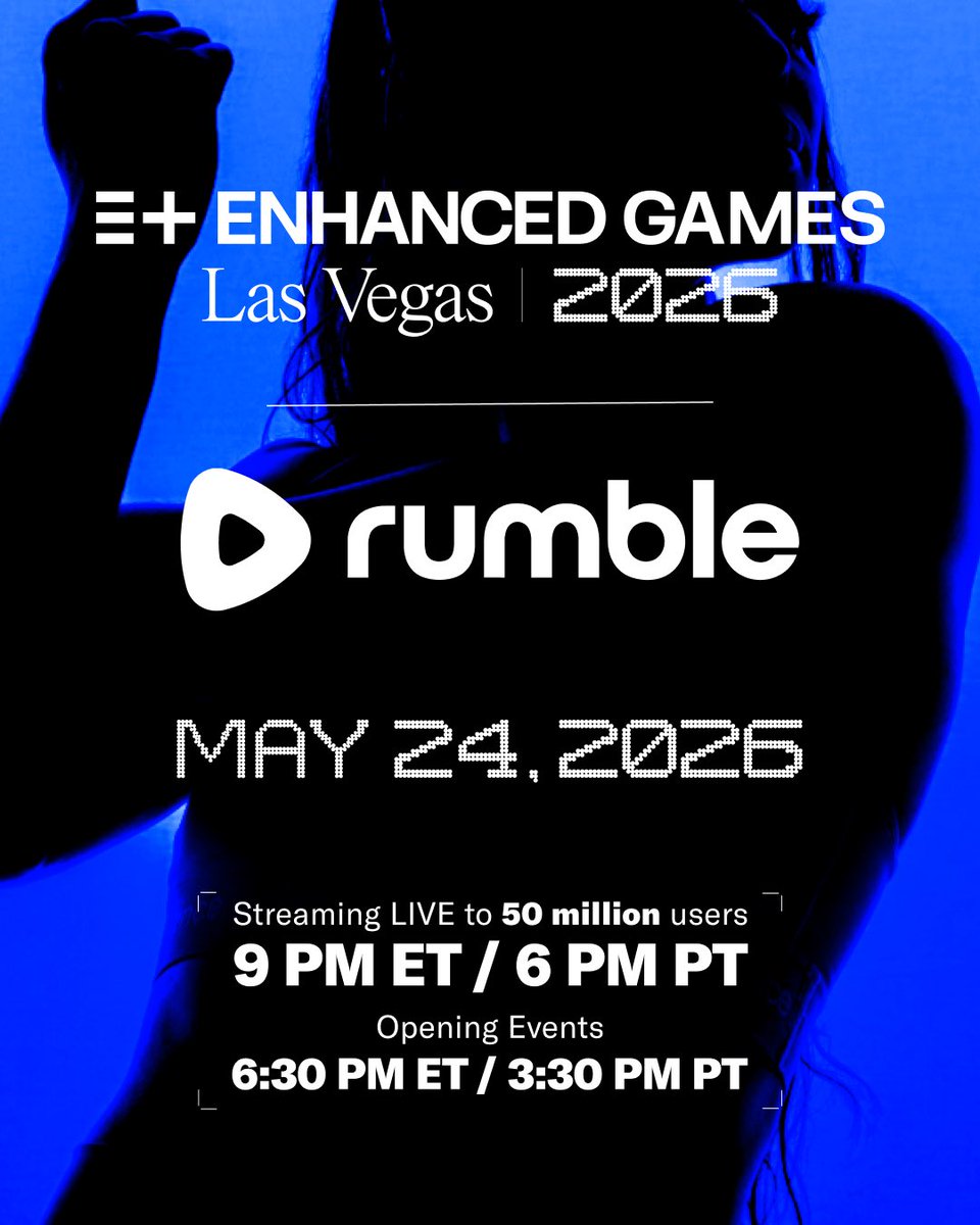 enhanced_games's tweet photo. Rumble (@rumblevideo) joins Enhanced as an official distribution channel of the inaugural Enhanced Games. 

Streaming LIVE on May 24 from @resortsworldlv at 9pm ET / 6pm PT. Opening events begin at 6:30pm ET / 3:30pm PT. 

Read more: https://t.co/AGH9Ws6CAB https://t.co/rNd6bn7RjP