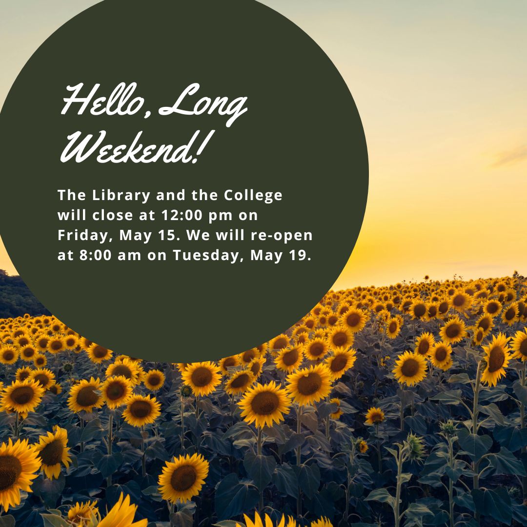 LoyalistLibrary's tweet photo. Happy Friday, and Happy Long Weekend! The Library and will close at 12:00 pm today, and we'll re-open on Tuesday, May 19. Still need to get some work done - or want something to read or watch just for fun? https://t.co/ZgQhVYdAdw is available 24/7. Have a great weekend, everyone! https://t.co/93ZH7J8gMp