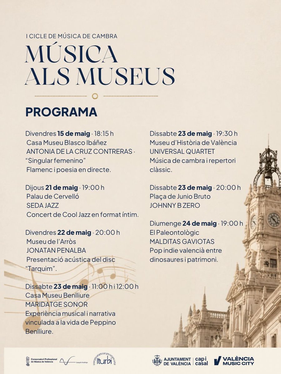 AjuntamentVLC's tweet photo. 🎻🖼️ #DIM2026 | El Dia Internacional dels Museus té molt de #VLCMusicCity. 

12 concerts en format íntim per redescobrir els museus municipals a través de l'oïda.

Hui és la primera cita d’una sèrie que ens acompanyarà fins a juny. 

🎶 Clàssica, jazz, flamenc, pop indie i experiències sonores.
🎟️ Entrada gratuïta fins a completar aforament.

Tota la programació ací 👇.