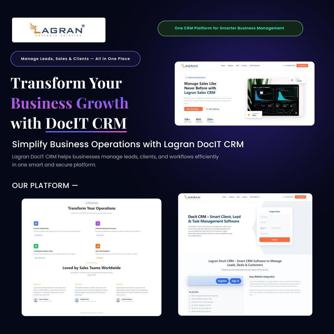 LagranSoftware's tweet photo. Transform Your Business Growth with Lagran DocIT CRM 

 +91 8978465525
https://t.co/7XDcoGnTOa
sales@lagran.in

#lagransoftwaresolutions #LagranCRM #DocITCRM #CRMSoftware #BusinessGrowth #SalesManagement #LeadManagement https://t.co/UXfW2wu1f4