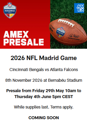 ChemaCalderon's tweet photo. Entradas NFL Madrid Game 26 💳

A la espera de más noticias de @NFL España, lo que sabemos, desde el 31 de Marzo, es el acuerdo con American Express. En la web de la NFL ya anuncian una preventa para los que dispongan de tarjeta AMEX que se abrirá el próximo viernes 29 de Mayo. https://t.co/cIJlrYbqzj
