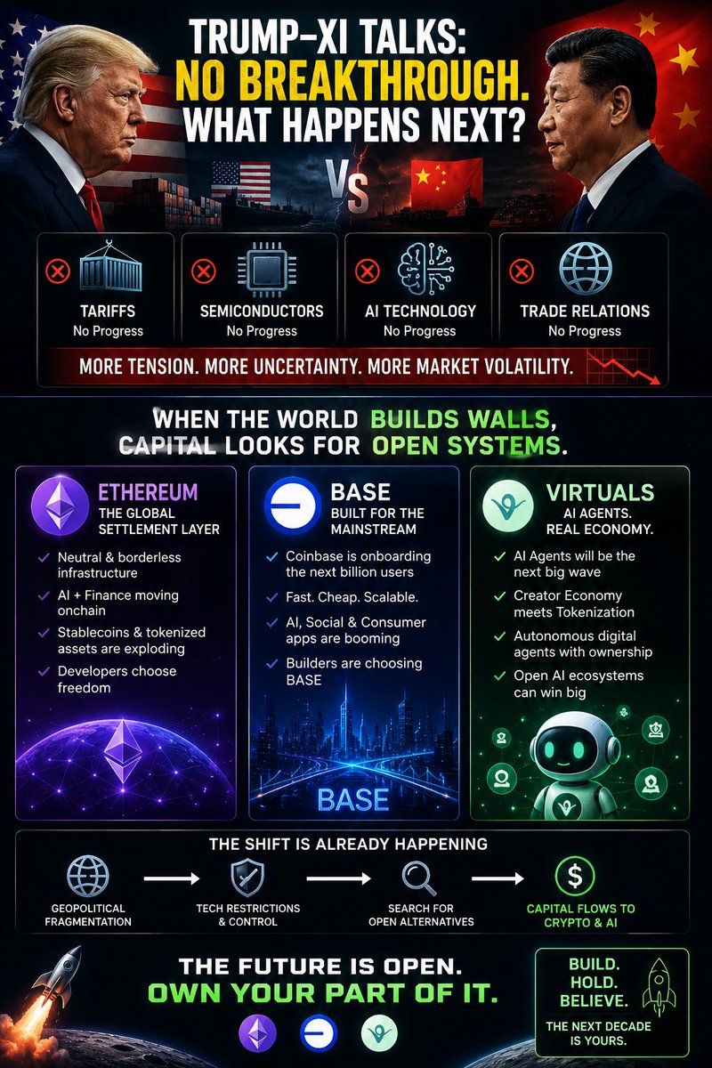 RaphaHuber's tweet photo. Most people only see “Trump vs. Xi.”

Smart investors see what this means for Tech, AI &amp; Crypto 👀

The recent US–China talks delivered little progress on:
• tariffs
• semiconductors
• AI technology
• global trade tensions https://t.co/4UPri4cvN2