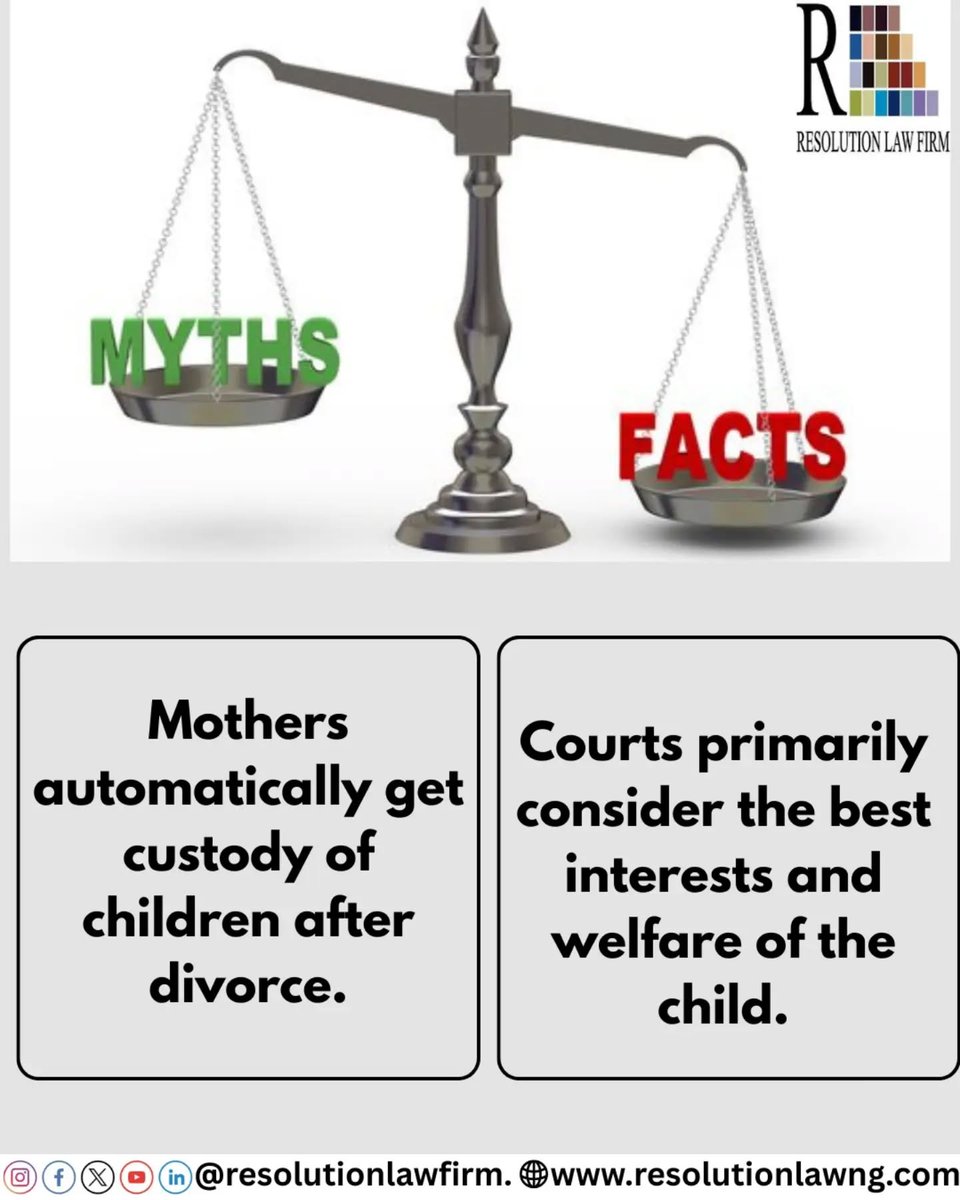 ResolutionLawNG's tweet photo. Many people believe mothers automatically receive custody after divorce, but courts primary focus on the best interests and welfare of the child. Custody decisions are based on factors such as stability, care, education, safety, and the child's overall well-being.
.
#law #legal https://t.co/Kv1O6hVEpR