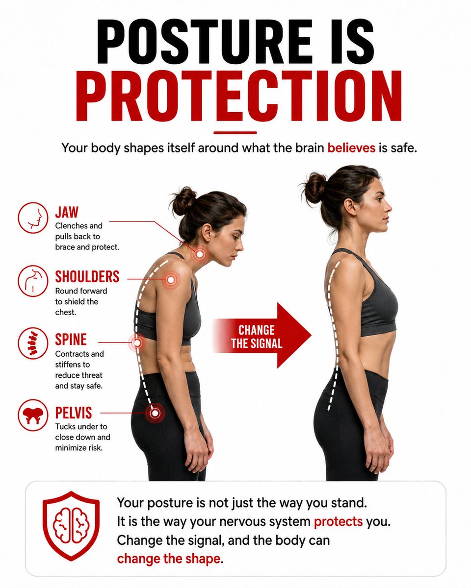 posture_pro's tweet photo. Your posture is not just the way you stand.

It is the way your nervous system protects you when stress has nowhere else to go.

The shoulders, jaw, pelvis, and spine all respond to what the brain believes is safe.

Change the signal, and the body can finally change the shape. https://t.co/zTH5v8FptC