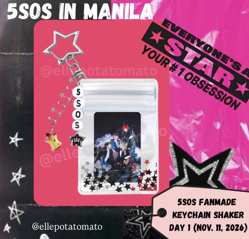ellepotatomato's tweet photo. ⭐️EVERYONE'S A STAR⭐️ keychain shaker freebies⭐️

🗓️ Day 1, November 11, 2026 (time and place tba)
🌟 DM for trades 1:1
🌟You can also choose which band member’s pc you want (i’ll provide dif mini pcs inside the shaker)
⭐️like &amp; rt to spread tysm!
#5SOSINMANILA
#EASTOUR https://t.co/le7lBKWfQ6