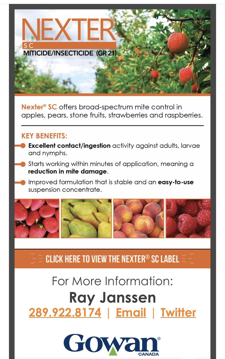 ray_janssen's tweet photo. Nexter miticide from Gowan Canada. Post bloom. Quick knock down. @gowancanada #apples #orchards #pears https://t.co/F2cCnDD4W6
