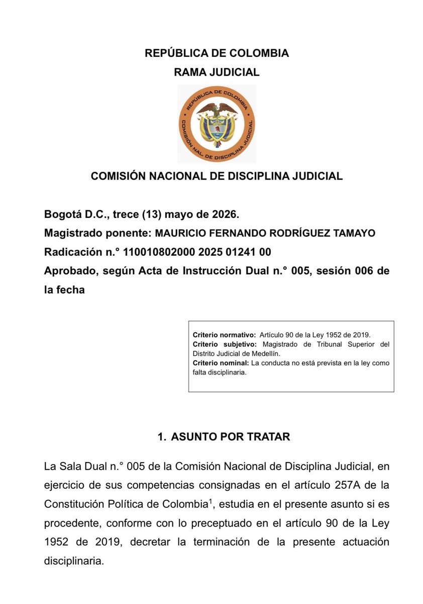 marcoalvarezg's tweet photo. Comisión Nacional de Disciplina Judicial. Decisión de 13 de mayo de 2026. MS: Mauricio Rodríguez T. Importante -y completo- pronunciamiento sobre el uso de la IA en procesos judiciales.👇 https://t.co/DWFd0n3ouv