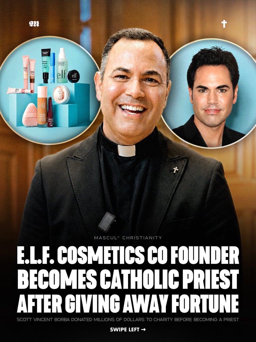 masculchristian's tweet photo. Former e.l.f. Cosmetics co founder Scott Vincent Borba gave up his multimillion dollar lifestyle and donated millions to charity before becoming a Catholic priest in 2026.
#elfCosmetics #ScottVincentBorba #Catholic #Priest #Christianity https://t.co/DOiZzBJl4A