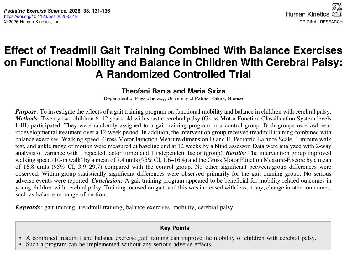 pesjournal's tweet photo. Study by Bania &amp; Sxiza: 12 weeks of treadmill + balance training improved walking speed and gross motor function in children with spastic cerebral palsy compared with controls.  
DOI: https://t.co/k54I6eqrUb https://t.co/8oHk6eqXRU