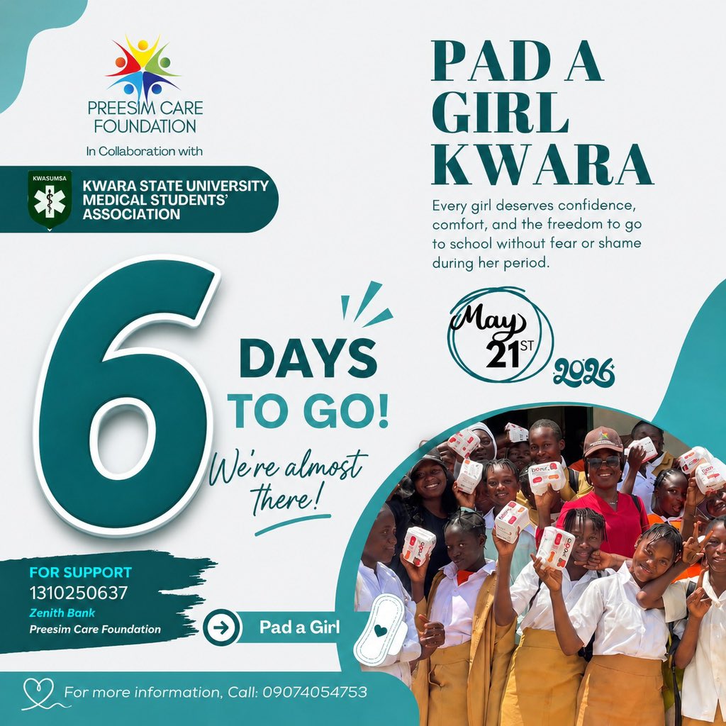 KWASUMSA__'s tweet photo. 6 days to go! 💙✨

Every girl deserves confidence, dignity, and the freedom to learn without fear or shame during her period. Together, we’re making that possible through Pad A Girl Kwara 2026.🩷

Join us as we reach out to young girls with sanitary support, education, and hope. https://t.co/plhHAFjGEz