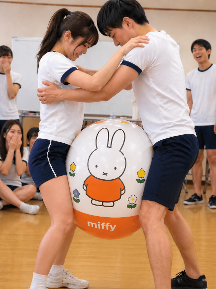 bbf_man's tweet photo. AIで作った架空の高校でのレクリエーションです。男子と���子でペアになり、お股に大きなビーチボールを挟んで運ぶ競技です。 https://t.co/YIZ3VQuo2u