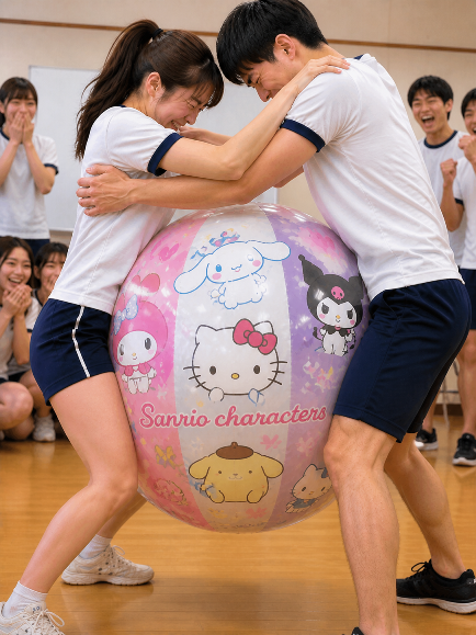 bbf_man's tweet photo. AIで作った架空の高校でのレクリエーションです。男子と���子でペアになり、お股に大きなビーチボールを挟んで運ぶ競技です。 https://t.co/YIZ3VQuo2u