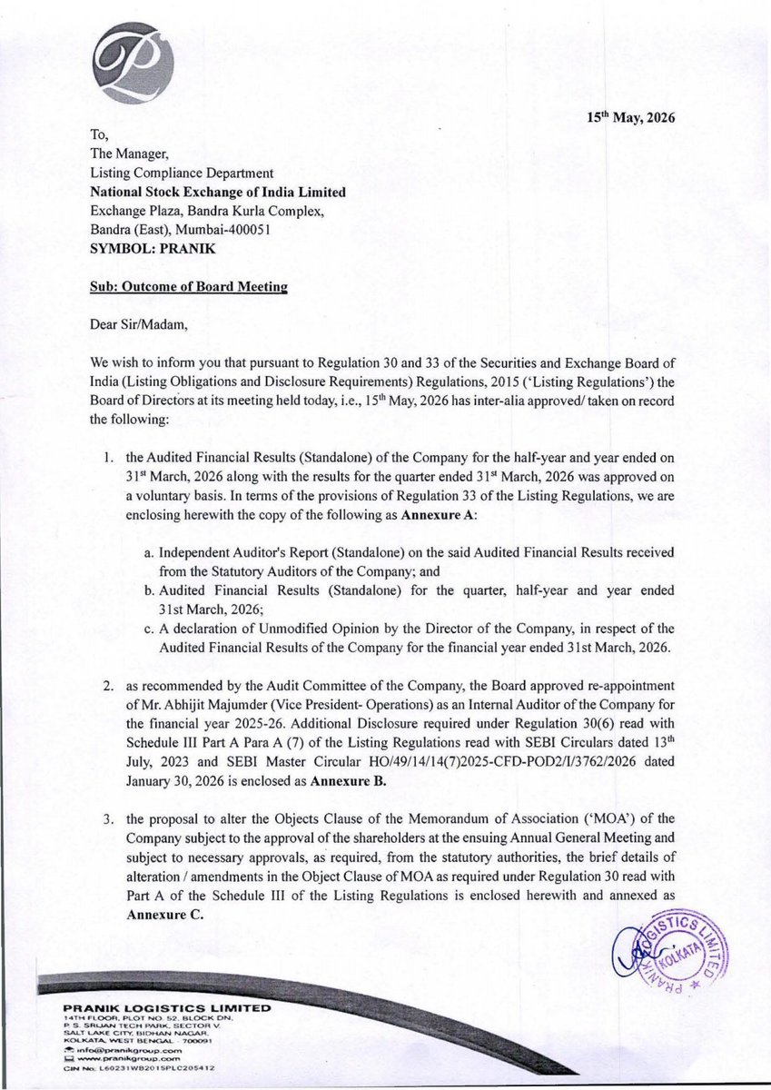 nileshkurhade's tweet photo. 📌 Pranik Logistics Limited informed the exchange about its approval for the financial results for the period ended March 31, 2026. #SME #PRANIK 📄🧾 https://t.co/sQmXUuGIkA