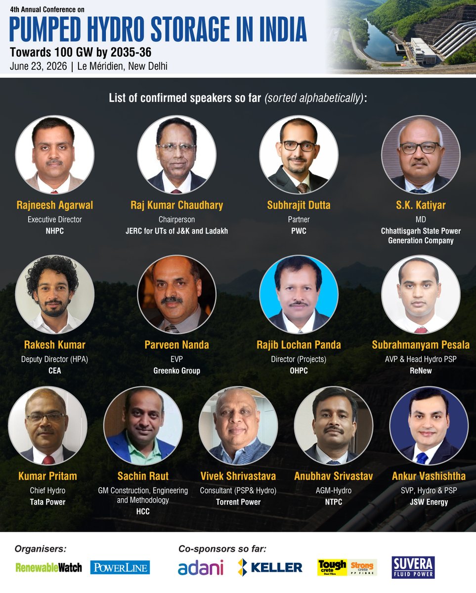 RW_Mag's tweet photo. Be a part of the 4th edition of our Annual Conference on Pumped Hydro Storage in India, scheduled for June 23, 2026 at Le Méridien, New Delhi.

📅 June 23, 2026
📍 Le Méridien, New Delhi

To attend, visit: https://t.co/hbshf6ocKJ

#PumpedHydroStorage https://t.co/XQj8Fz6zKb
