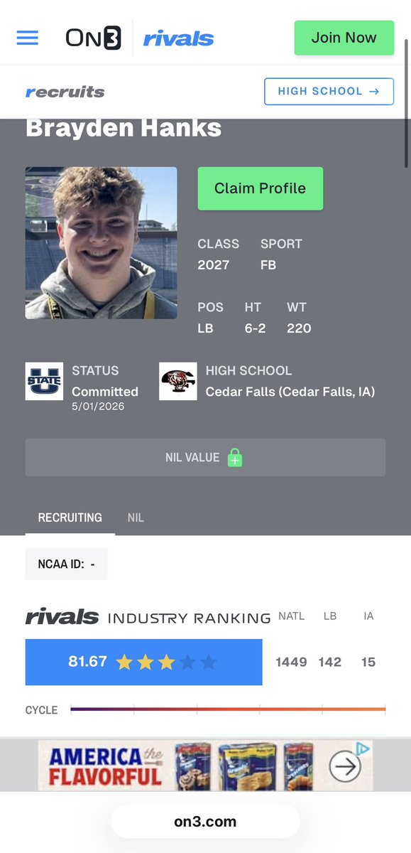 Braydenhanks08's tweet photo. Blessed to be ranked a 3 star!! @EliotClough @On3 @BlairASanderson https://t.co/1S67IlA3qF