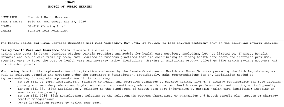 hollyshansen's tweet photo. In: #txlege Senate Health &amp; Human Services Committee chaired by @LoisKolkhorst - interim hearing on May 27 to Examine the drivers of rising health care costs in Texas. https://t.co/Ghiunuc1N5