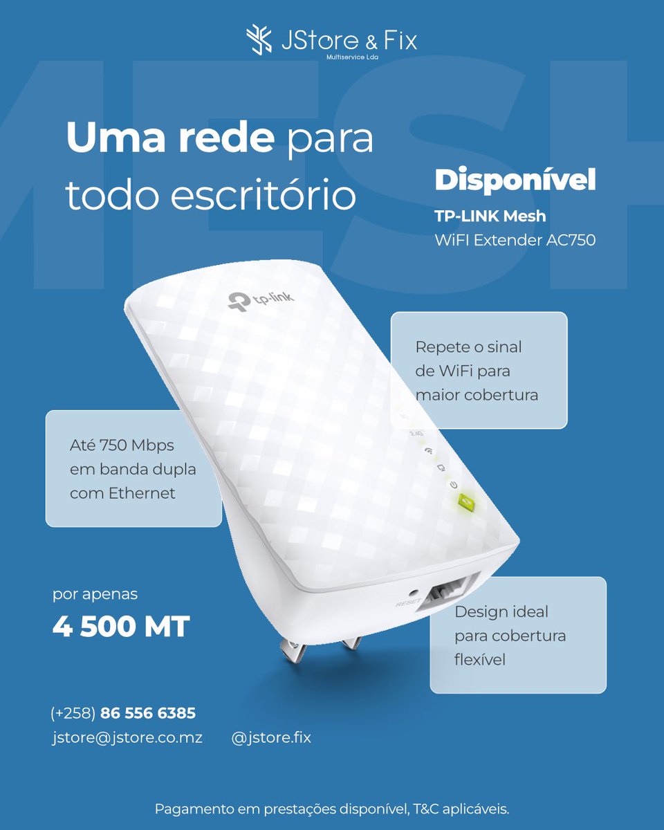 jstore_fix's tweet photo. O TP-LINK Mesh WiFi Extender AC750 elimina zonas sem sinal no escritório.
Cobertura estável, até 750 Mbps, porta Ethernet e design compacto.

Disponível por apenas 4 500 MT.
Contacte-nos: 86 556 6385

jstore@jstore.co.mz
https://t.co/kRQLjjFEa4

Uma rede para todo escritório. https://t.co/Cnk92XRAqX