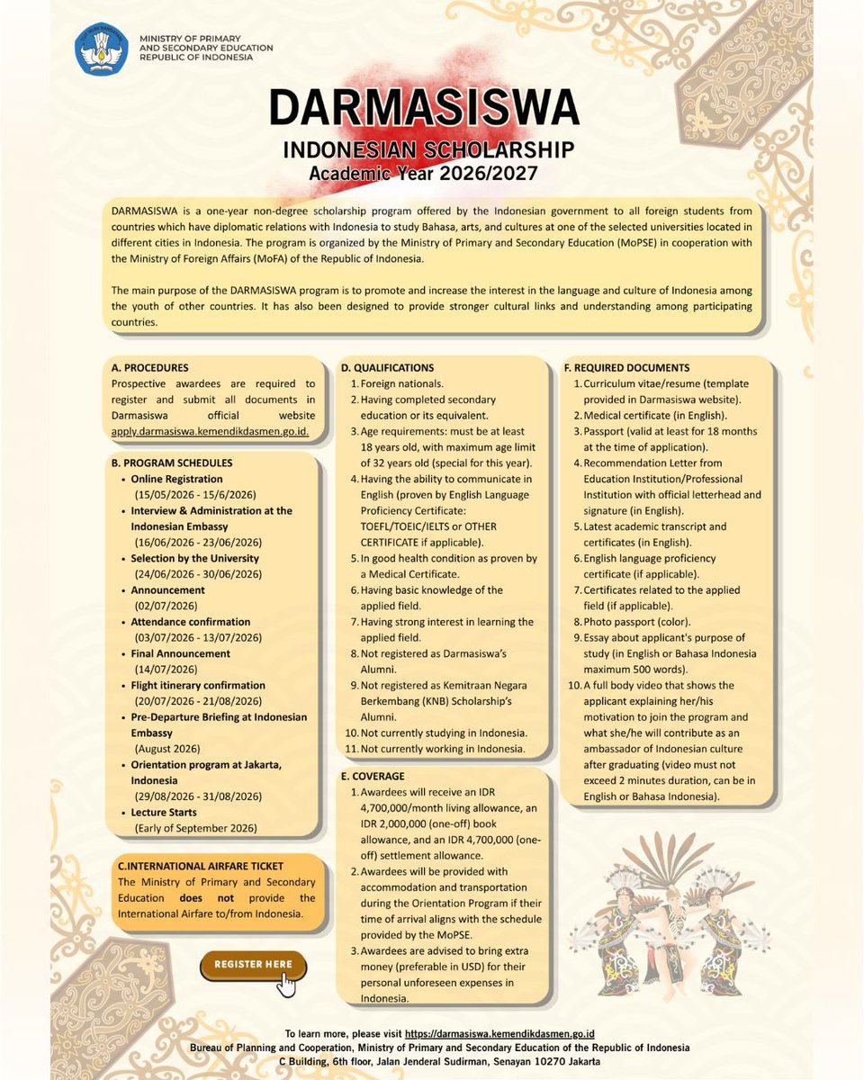 IndonesiainDC's tweet photo. 📣 The DARMASISWA Scholarship 2026/2027 application is officially OPEN! 🎓✨

DARMASISWA is a non-degree scholarship program by the Government of Indonesia for international students from countries with diplomatic relations with Indonesia. https://t.co/uGjS8Fy0Xb