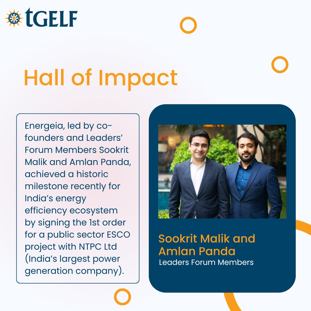tGELF's tweet photo. Proud moment for the tGELF community!

Energeia, led by co-founders Sookrit Malik and Amlan Panda, has secured the first public sector ESCO project order with NTPC Ltd — marking a milestone for India’s energy efficiency ecosystem.

#HallOfImpact #EnergyTransition https://t.co/CSWKSFIt0g