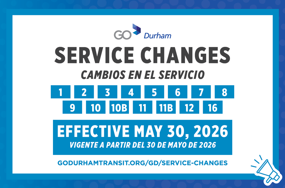 GoDurhamTransit's tweet photo. Attention Attention! 

We’re just over a week away from implementing our May Service Changes!

These updates will begin on Saturday, May 30th, as we increase service.

Visit https://t.co/WFLE2g8ypV! https://t.co/f0xqiYbBrq