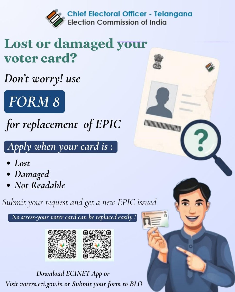 CEO_Telangana's tweet photo. Apply through FORM 8 for replacement of your EPIC card easily.
📲 Apply through ECINET App or visit https://t.co/rXMQ4dD7C4
#CEOTelangana #ECI #Form8 #VoterID #EPIC #ECINET
@ECISVEEP @SpokespersonECI https://t.co/i635nuXuEl