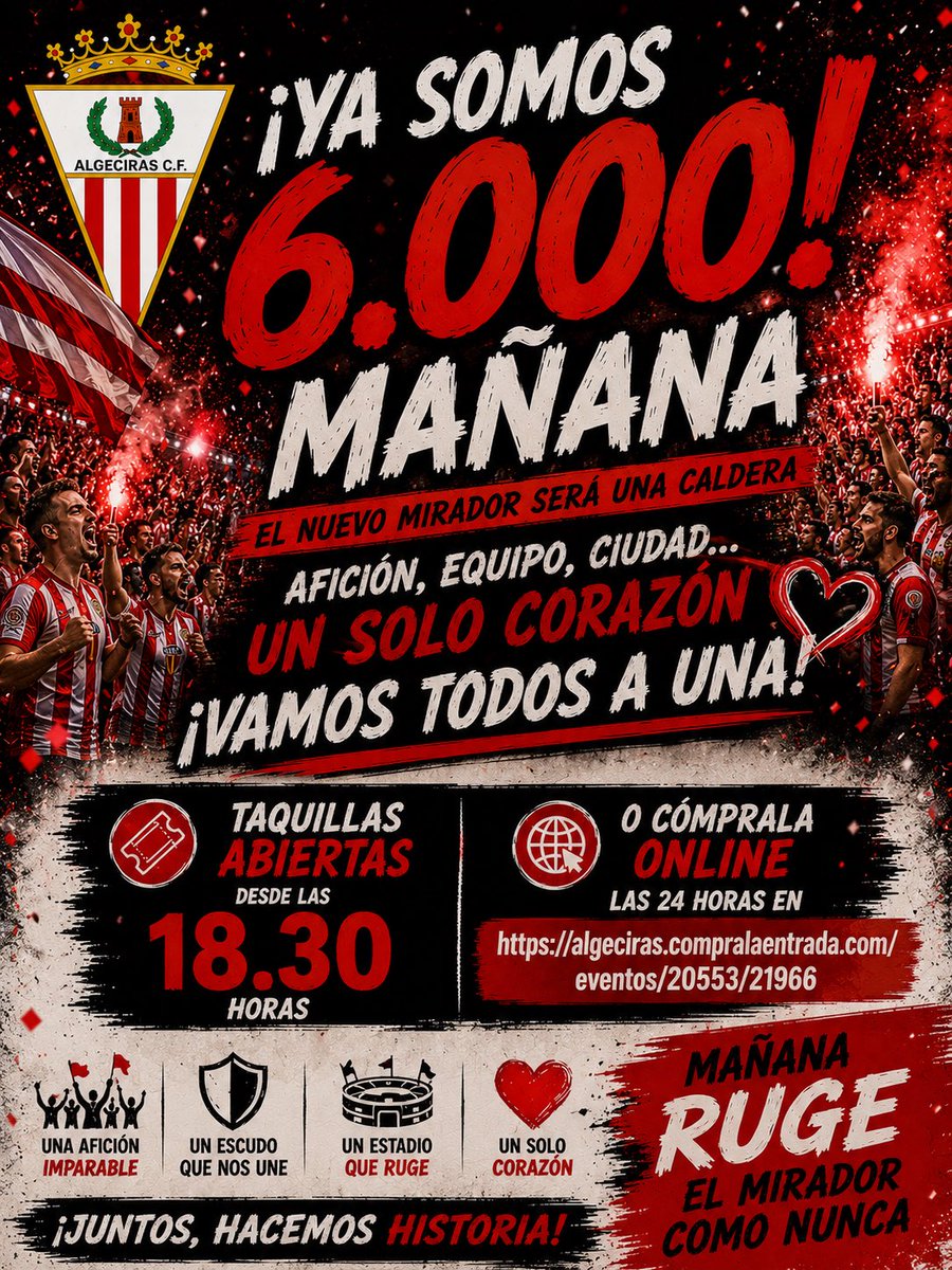 minutoes's tweet photo. ❌ 𝐓𝐀𝐐𝐔𝐈𝐋𝐋𝐀 𝐂𝐄𝐑𝐑𝐀𝐃𝐀 | Cerramos taquilla física en el estadio hasta mañana a las 18.30 horas en el Nuevo Mirador. @AlgecirasCF 

👇 Si quieres hacerte con una entrada para el #AlgecirasCFHércules puedes hacerlo sin problemas a través del siguiente enlace.

https://t.co/XelahfUbyG

📍 Hasta la medianoche de este viernes los precios de las entradas para todos los públicos serán de 10 euros en Fondo Norte, 15 en Fondo Sur, Preferencia y Tribuna mientras que durante la jornada de mañana será de 15 euros en Fondo, 20 Preferencia y 25 Tribuna.

https://t.co/XelahfUbyG