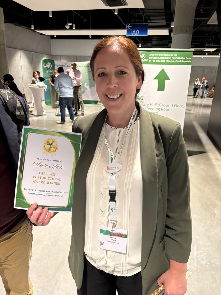 nicolagwhite's tweet photo. What an honour. Today I was awarded the @EAPCvzw Post-doctoral Researcher Award prize.

It was a great opportunity to talk about my research on prognostication. Celebrate my colleagues. And highlight systemic challenges researchers face. 

#EAPC2026 https://t.co/P0O1SK23gs