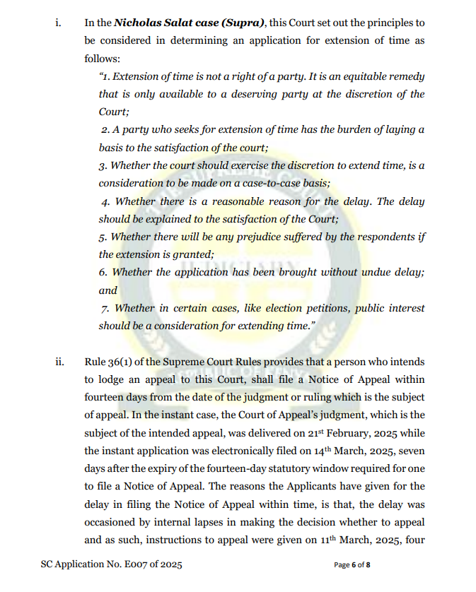 THE_SCOK's tweet photo. The Principles to be considered in determining an application for extension of time:
"Nicholas Salat case (Supra)"
access all our decisions on https://t.co/NMRIbloY9q 
Link to the Judgements, Rulings and Media Summaries delivered by the Supreme Court on 15/5/2026
https://t.co/luP3x7NE9R
