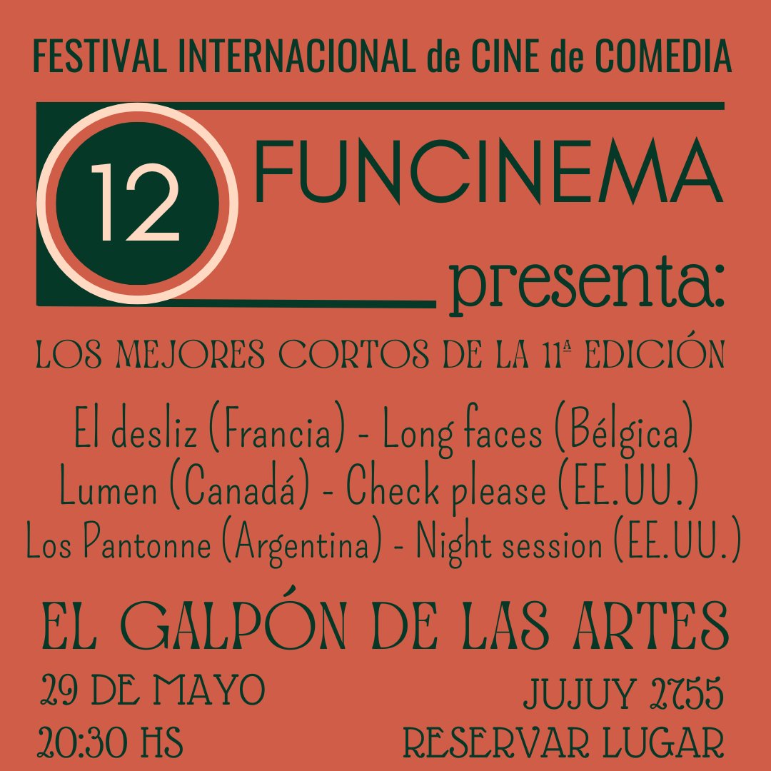 FuncinemaFest's tweet photo. Rumbo a la 12ª edición, el Festival #Funcinema🤣anuncia una proyección con los mejores cortos votados por el público en la 11ª edición.

📅La función se realizará el 29/05 a las 20:30 en @galponartes con entrada por colaboración solidaria.

🎫Reservas en https://t.co/MwwDpESfyq. https://t.co/m9Pay8FArQ