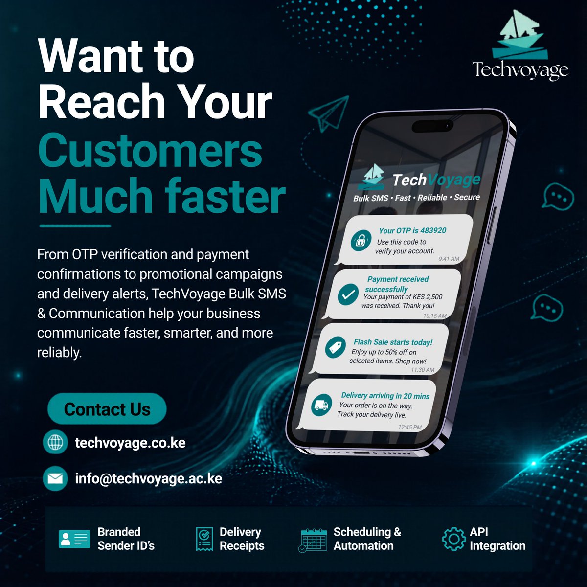 TechVoyageKenya's tweet photo. Reach your audience where they’re most active on their phones.

📩 Contact us today
🌐 https://t.co/ExYc5Pv8qY
📧 info@techvoyage.ac.ke

#TechVoyage #BulkSMS #BusinessCommunication #TransactionalSMS #OTPVerification #DigitalSolutions #KenyaBusiness #SMSMarketing #TechInAfrica https://t.co/3RaZP3qRUi
