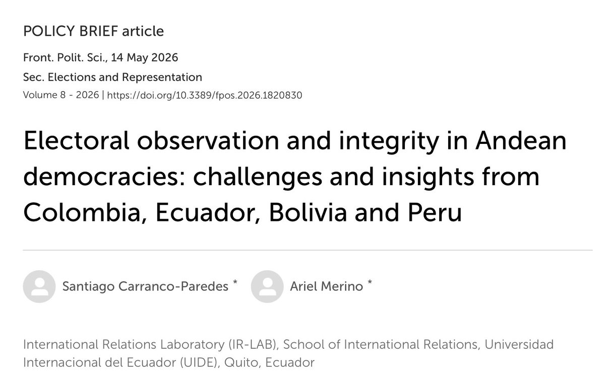 rdandoy's tweet photo. A second manuscript has just been published in the special issue on #ElectionObservation that I am editing in Frontiers in Political Science.

Congratulations to @SCarrancoP and Ariel Merino for this excellent policy brief ! https://t.co/fKkkBfEDFT
