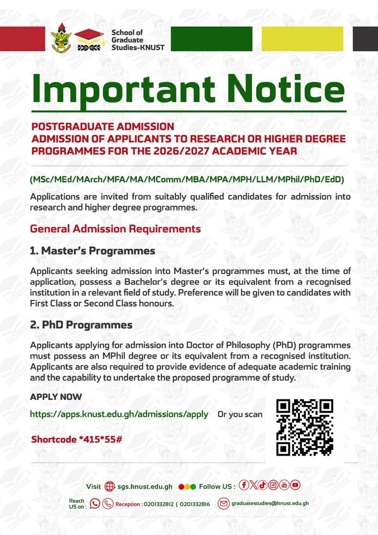 KNUSTGradSchool's tweet photo. 🎓 KNUST POSTGRADUATE ADMISSIONS 2026/2027 ARE OPEN!
Advance your academic and professional journey with KNUST School of Graduate Studies.
Master’s | MPhil | PhD programmes available across multiple disciplines.
📌 Entry requirements apply 
📍 Apply now: https://t.co/Xixk9YGgKY  https://t.co/RJDYj3qf4O