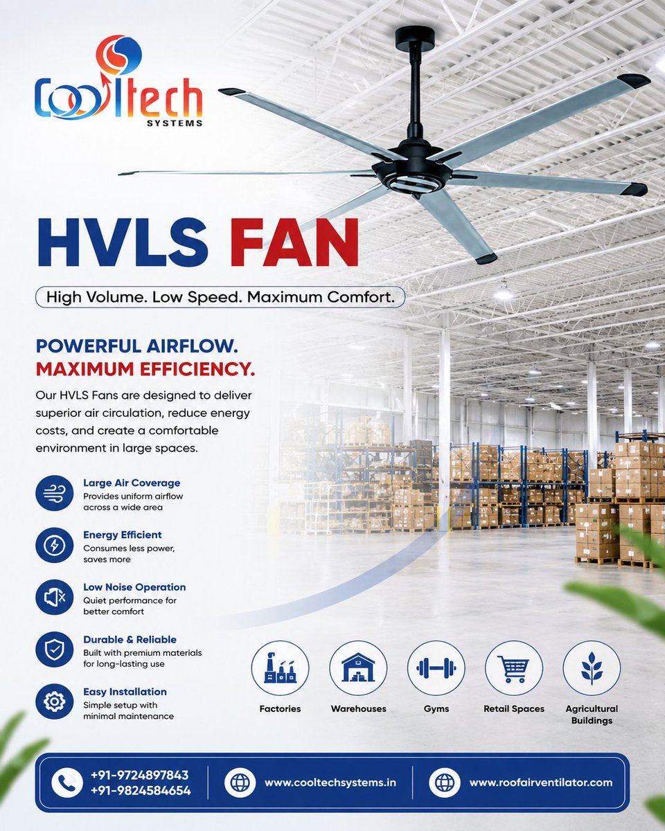 cooltech_system's tweet photo. Transform large spaces with the power of HVLS Fans from Cooltech Systems 🌬️🏭

🌐 https://t.co/wiX1GwvkYj
📞 +91 9724897843
📧 info@cooltechsystems.in

#CooltechSystems #HVLSFan #IndustrialVentilation #WarehouseCooling #EnergyEfficient #FactoryVentilation #LargeSpaceCooling https://t.co/E9pNyPtDgs