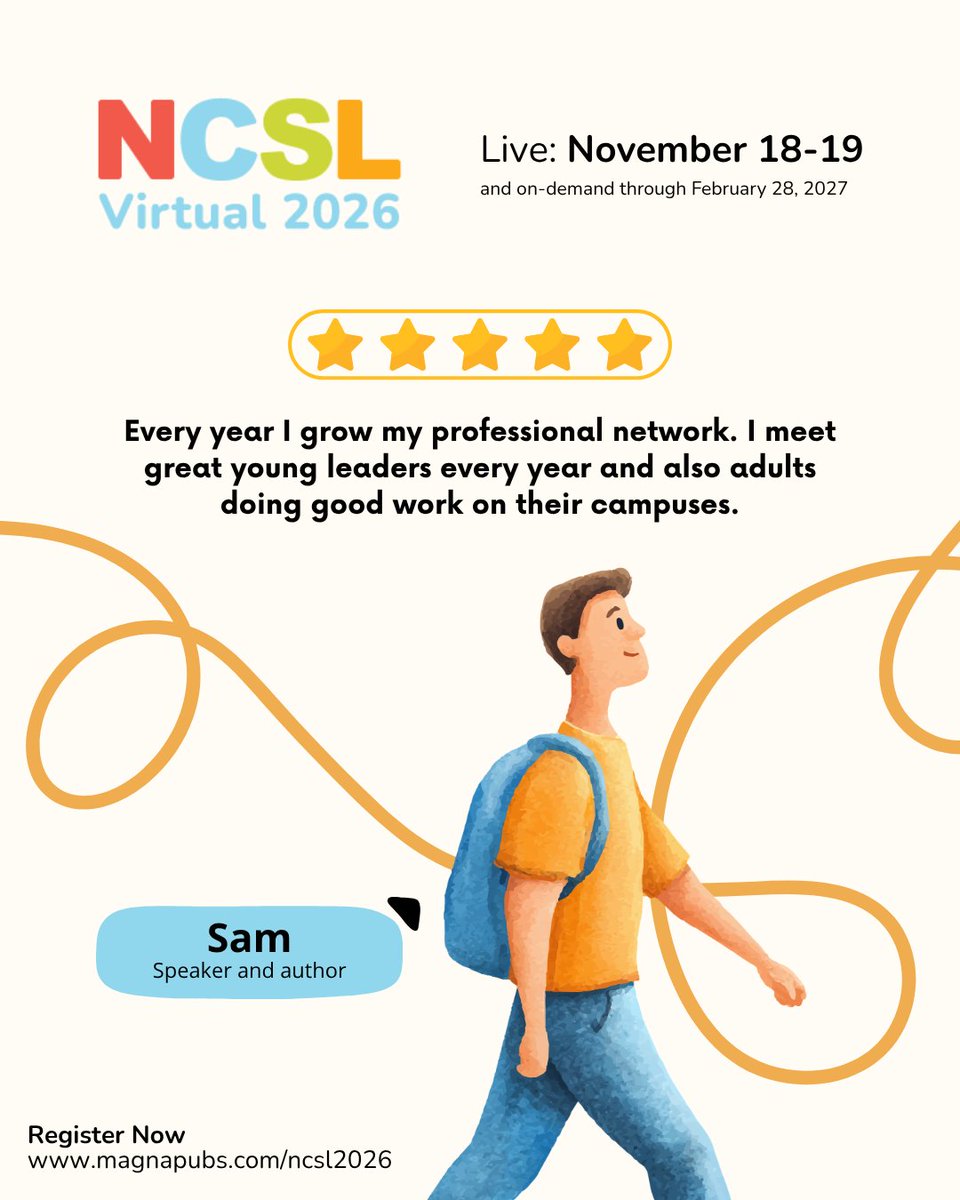 NCSLConference's tweet photo. 🤝 "I meet great young leaders every year and adults doing good work on their campuses." — Sam

Some conferences give you information. NCSL builds connections that keep growing. 

Join the community where leaders connect &amp; collaborate. 👉 https://t.co/UoYiWRh3Le

#NCSL2026 https://t.co/SJta4LEBMM