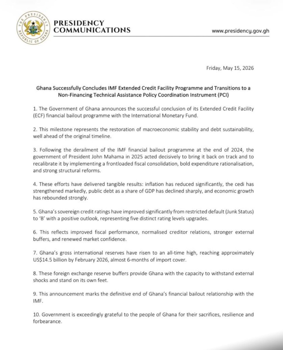 mondrayac's tweet photo. Government of Ghana announces official conclusion of IMF Extended Credit Facility and Transitions to Non-Financing Policy Coordination Instrument(PCI). https://t.co/qA8iZKjQc3