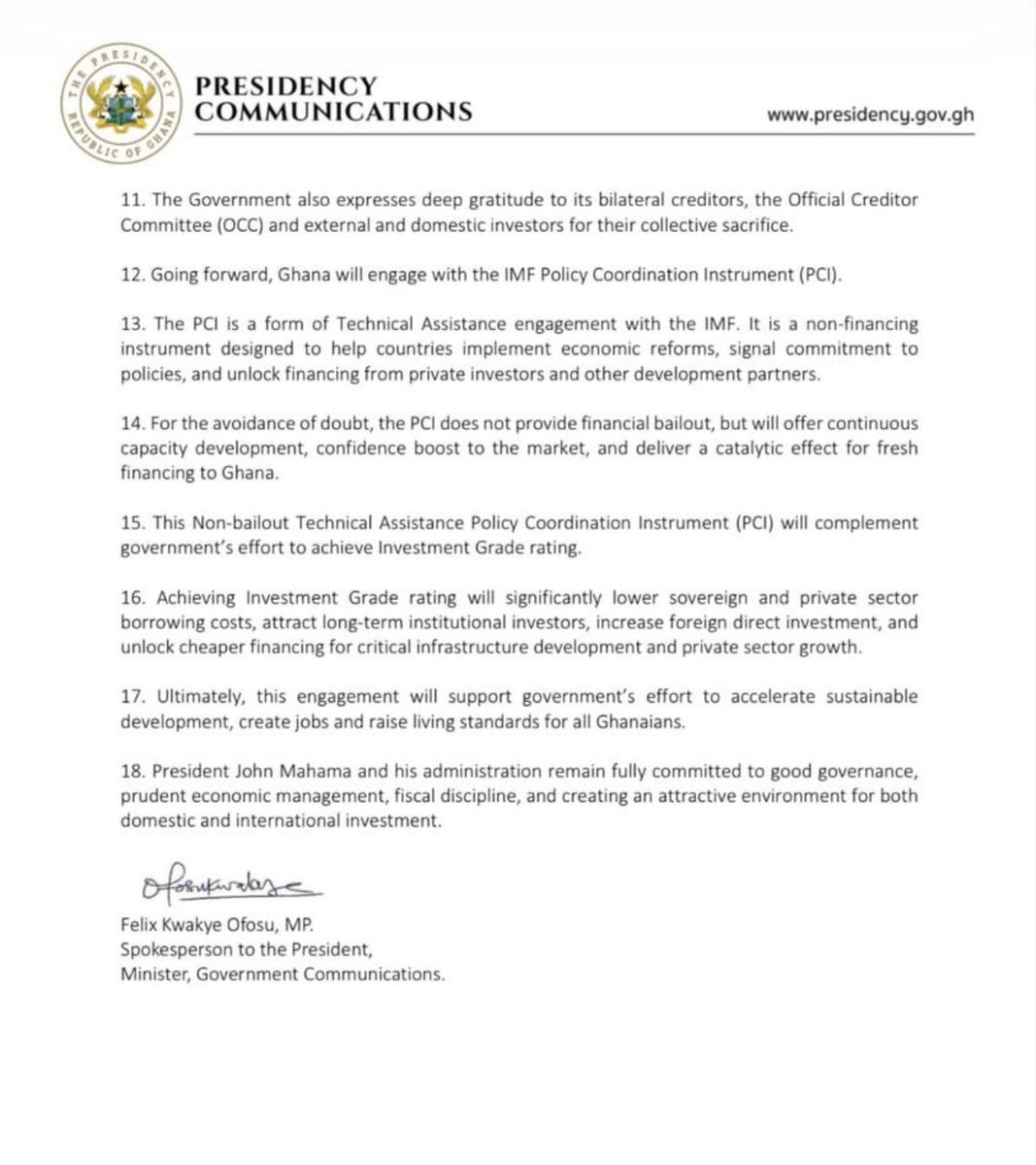 mondrayac's tweet photo. Government of Ghana announces official conclusion of IMF Extended Credit Facility and Transitions to Non-Financing Policy Coordination Instrument(PCI). https://t.co/qA8iZKjQc3