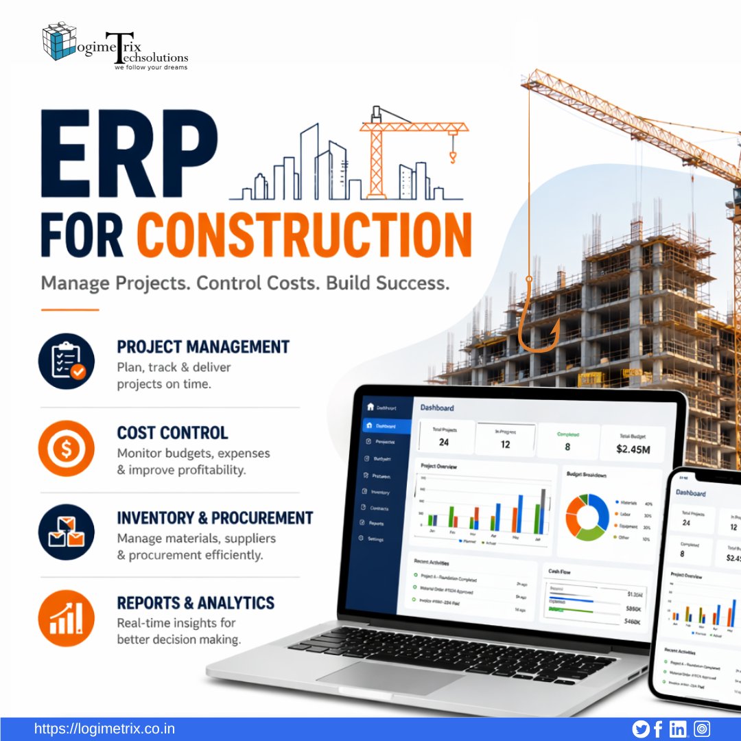 logimetrix's tweet photo. Build smarter with ERP for Construction — streamline projects, control costs, and manage operations from one powerful platform. #ConstructionERP #SiteManagement #ConstructionTech #AIAgent #ProjectManagement #DigitalConstruction #LogiMetrix #ConstructionIndia #SmartConstruction https://t.co/4xQqpAw8bB