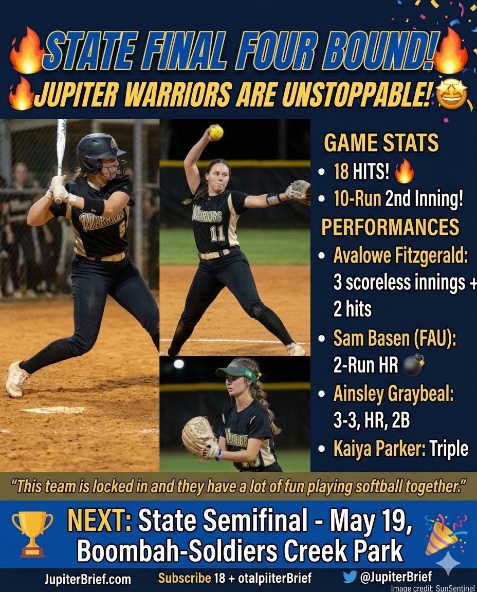 JupiterBrief's tweet photo. 🥎 WARRIORS → STATE FINAL FOUR! 🏆

✅ Beat Boone 7-1 (Regional Semis)
✅ CRUSHED Centennial 15-0 in 3 innings

22-3 record | District champs | #1 seed

Next: State Semifinals May 19

Thread 👇 #JupiterFL #JupiterWarriors https://t.co/Hro6SaA118