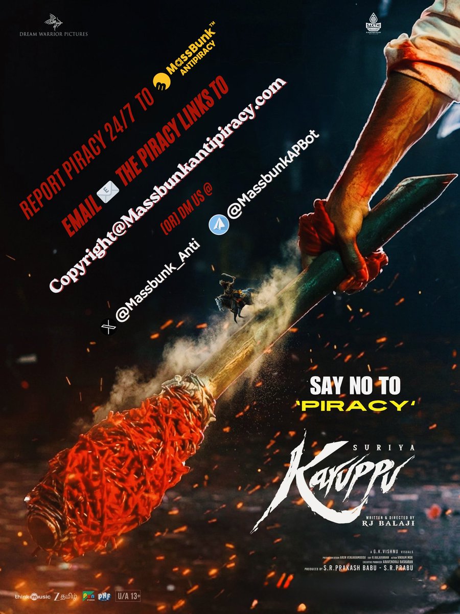 MassBunk_Anti's tweet photo. Some movies✨are meant to celebrate & experience only on the big screens!
“We request fans not to post any spoilers which will be taken down immediately!”

Watch @Suriya_offl’s electrifying God-uh Mode-uh🔥in theatres near you and report the piracy 24/7 to us!

#Karuppu A @RJ_Balaji’s vision 🔥
& iSAI SAI 🙏🏼 @SaiAbhyankkar’s Musical 🎵

#KaruppuBlockbuster
#SayNoToPiracy 🚫🏴‍☠️

@trishtrashers @dop_gkvishnu @prabhu_sr #Indrans @natty_nataraj #Swasika @SshivadaOffcl #SupreethReddy #AnaghaMayaRavi #VikramMor @kalaivananoffl #ArunVenjaramoodu @PraveenRaja_Off @PenMovies @PharsFilm @ZeeTamil @thinkmusicindia @KaruppuMovie @DreamWarriorpic