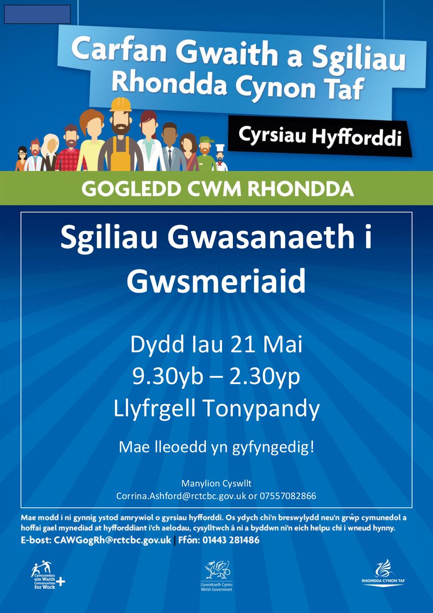 CfWplusRCT's tweet photo. Cadwch le ar un o'n cyrsiau i ddatblygu eich sgiliau cyflogadwyedd.
Book onto one of our courses to develop your employability skills https://t.co/osOQvxKZVN