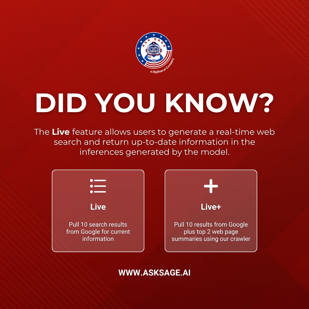AskSageAI's tweet photo. 💡 Did You Know? 💡
With Ask Sage’s Live feature, you can generate real-time web searches and get the most up-to-date information in your AI-powered insights.
🌟 Discover the power of real-time insights with Ask Sage: https://t.co/fsgc8uqkWt
#AskSage #BBAI #GenAI https://t.co/bZVk9nD1IQ