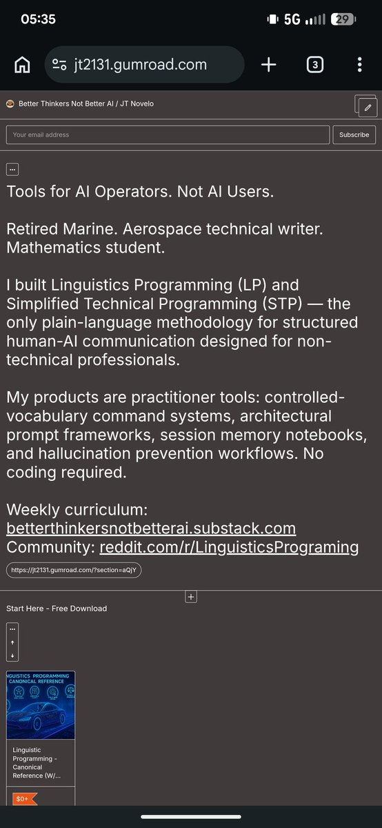 JtNovelo2131's tweet photo. Finally updated my GumRoad Store.
https://t.co/9pWrBvDgfn
I feel better now!
#simplifiedtechnicalprogramming #betterthinkersnotbetterai #firstonsubstack #AgenticEngineering #chatgpt #linguisticsprogramming #XTwitter #theairabbithole #PromptEngineering #substack https://t.co/m68FFC6bES