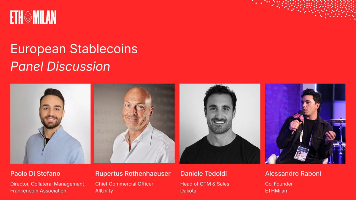 eth_milano's tweet photo. European stablecoins are becoming a key part of the future digital financial infrastructure.

At ETHMilan 2026, the “European Stablecoins” panel will bring together builders and operators working across payments, liquidity, compliance, and digital asset infrastructure.

Moderator:
Alessandro Raboni @ilsignorwolff, ETHMilan

Speakers:
- Paolo Di Stefano @PaoloDiStef, Director of Collateral Management at Frankencoin Association
- Daniele Tedoldi @dantedoldi, Head of GTM & Sales at Dakota
- Rupertus Rothenhaeuser, Chief Commercial Officer at AllUnity

See you in Milan next week!