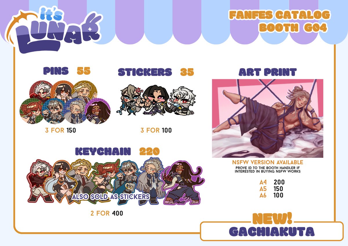itslunarstruck's tweet photo. [RT!]   

Hey everyone, sorry for the last post! But... 

I'll be at #FanFes2026!! I'll be Tamsy and away from my table on D1, but I'll be there on D2!

GACHIAKUTA (new) CRK, UMA, Silksong, MXTX, Nezha, Valorant and more! 

DM to reserve! 

#FanfairAtFanfes2026 

1/4 https://t.co/hVzQiiiC6A