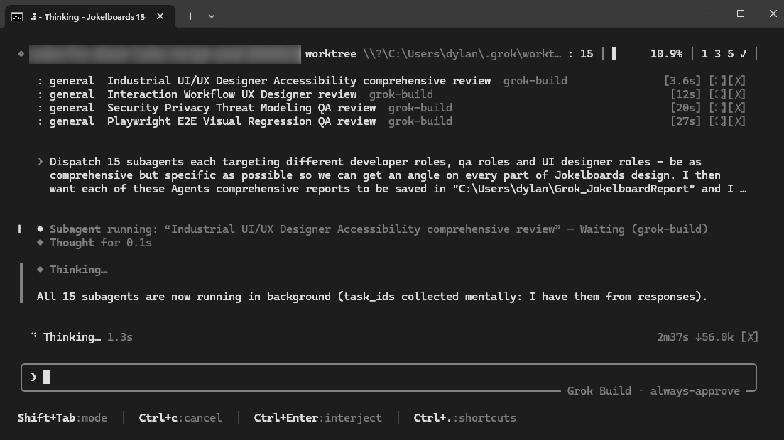 dylanjkl's tweet photo. Grok Build’s sub-agent spawning is wild. 🤩
  
I just spun up 15 sub-agents, each with separate roles and responsibilities, and sent them across an entire codebase in parallel...

One mapping architecture. One hunting bugs. One tracing data flow. One checking tests. Others digging into security, UX, APIs, infra, and edge cases.

It feels less like “asking an AI to read code” and more like deploying a full engineering squad into the repo. 🤯🤯