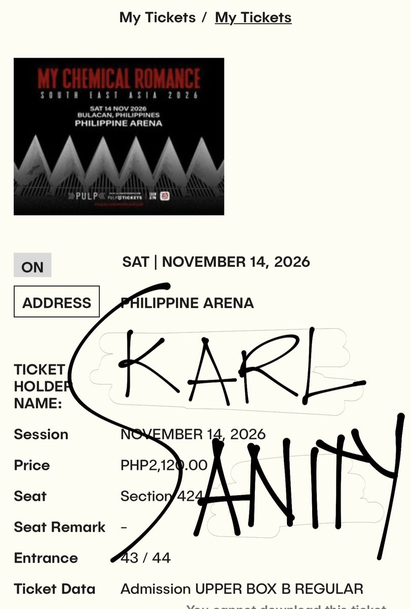 Karlsanityy_'s tweet photo. WTS LFB PH 🤟

my chemical romance in bulacan ticket (nov 14)

(2) upperbox reg sec 424

+ 200 pulp online fee

RFS: wrong section. secured better seats

#mychemicalromance
#mcr https://t.co/gPp3vaUGYX